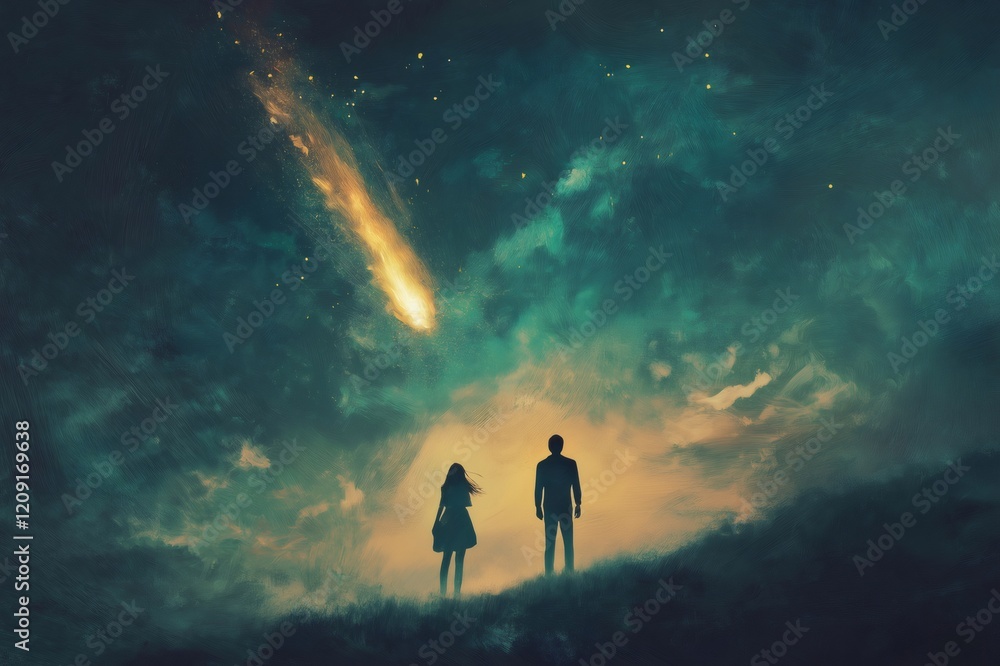 Fototapeta premium Man and a woman are standing on a hill, observing a bright meteor falling from a starry night sky