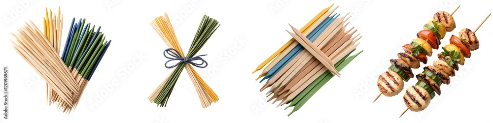 Picnic Items collection. Various skewers and sticks arranged, including vegetable and meat skewers. Picnic Items collection. Various skewers and sticks arranged, including vegetable and meat skewers.