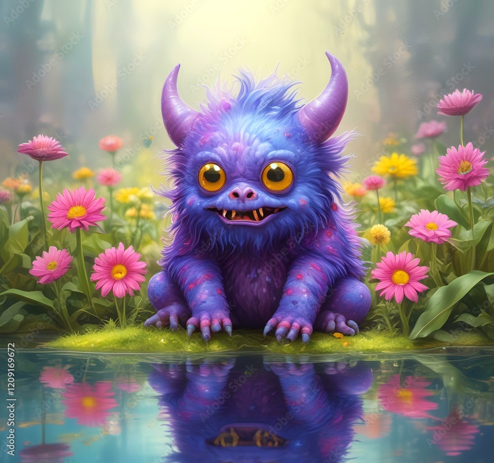 Fototapeta premium Illustration of fluffy and cute small monster.