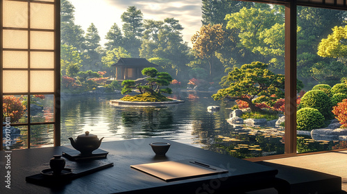 ZoomBackground with view out window of a Japanese garden.