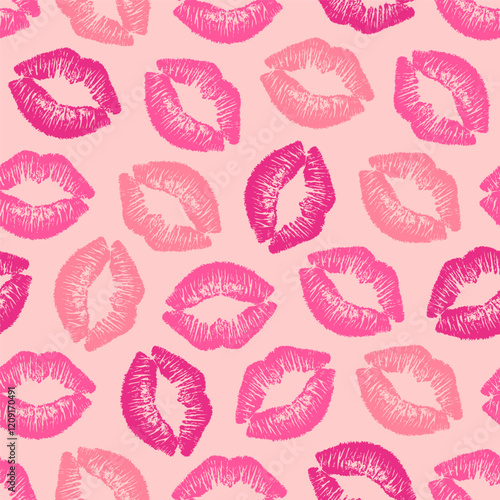 Seamless pattern with female different lipstick kiss isolated on pink background. Lips kissing prints vector background. 