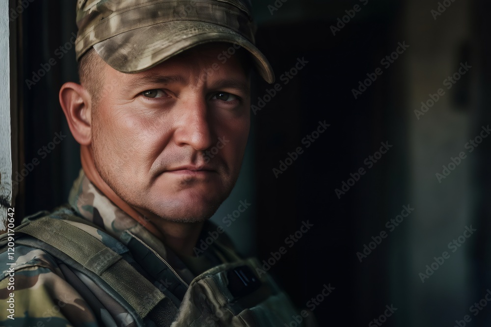 Close up of a serious soldier wearing camouflage uniform and cap, conveying strength, resilience, and duty Close up of a serious soldier wearing camouflage uniform and cap, conveying strength, resilience, and duty