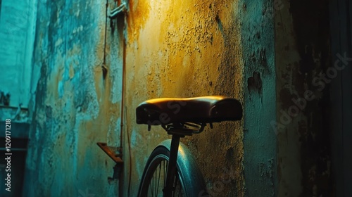 Vintage bicycle saddle leaning against a grunge wall in dim light. photo