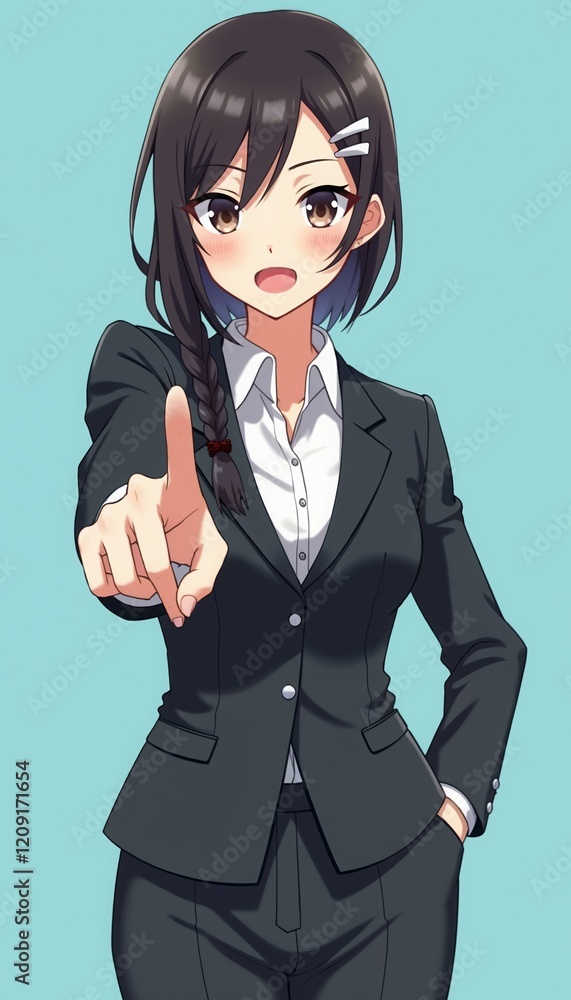 Anime Office Girl Pointing Forward with Confidence in a Professional Black Suit and White Shirt. Confidence. Focus. Empowerment. Office Environment. Business Culture. Animated Character Design.
Anime Office Girl Pointing Forward with Confidence in a Professional Black Suit and White Shirt. Confidence. Focus. Empowerment. Office Environment. Business Culture. Animated Character Design.