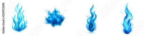 A collection of blue flame designs showcasing various shapes and sizes, each depicting dynamic fire elements.