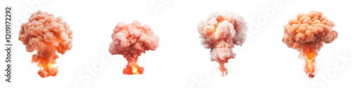 A series of explosive smoke clouds in various stages of dispersion, showcasing vibrant colors and dynamic shapes.