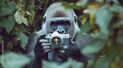 A Western Lowland Gorilla carefully holds a vintage camera, peeking through lush foliage. photo