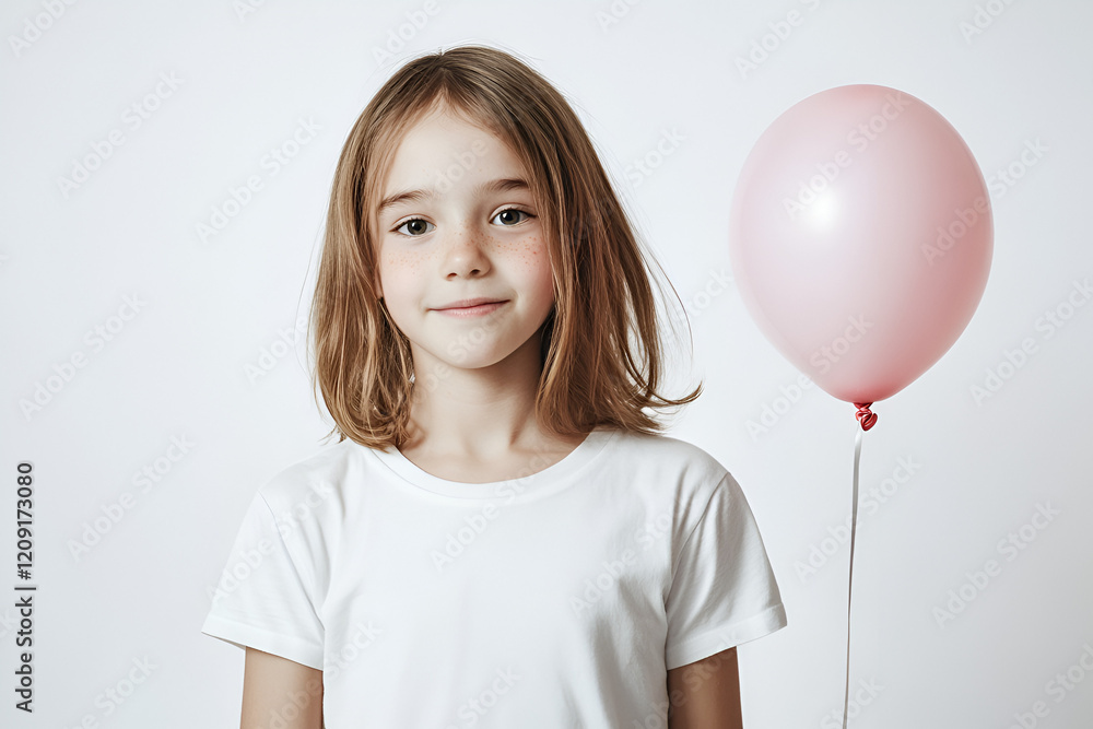 Childhood Innocence: A young girl with long brown hair, wearing a white shirt, gazes sweetly at the camera, clutching a pastel pink balloon. Her innocence and happiness radiate pure joy and charm. Childhood Innocence: A young girl with long brown hair, wearing a white shirt, gazes sweetly at the camera, clutching a pastel pink balloon. Her innocence and happiness radiate pure joy and charm.