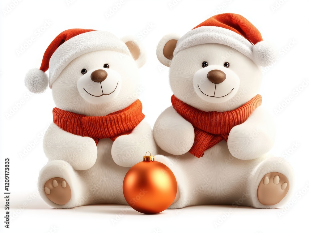 Cute Christmas teddy bears in cozy winter attire on a white background, ideal for holiday greeting cards or festive merchandise designs Cute Christmas teddy bears in cozy winter attire on a white background, ideal for holiday greeting cards or festive merchandise designs
