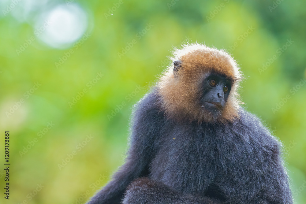 Naklejka premium Close-Up of Nilgiri Langur in Trees: A Glimpse of Wildlife in the Forests of South India. Nilgiri Langur setting during the raining season in Kerala Forest with clean background.