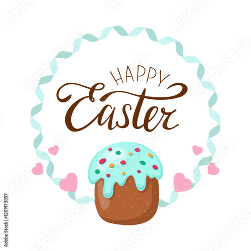Happy easter. Wreath with easter cake and decor. Cute frame. Greeting card. Vector illustration. On white background.