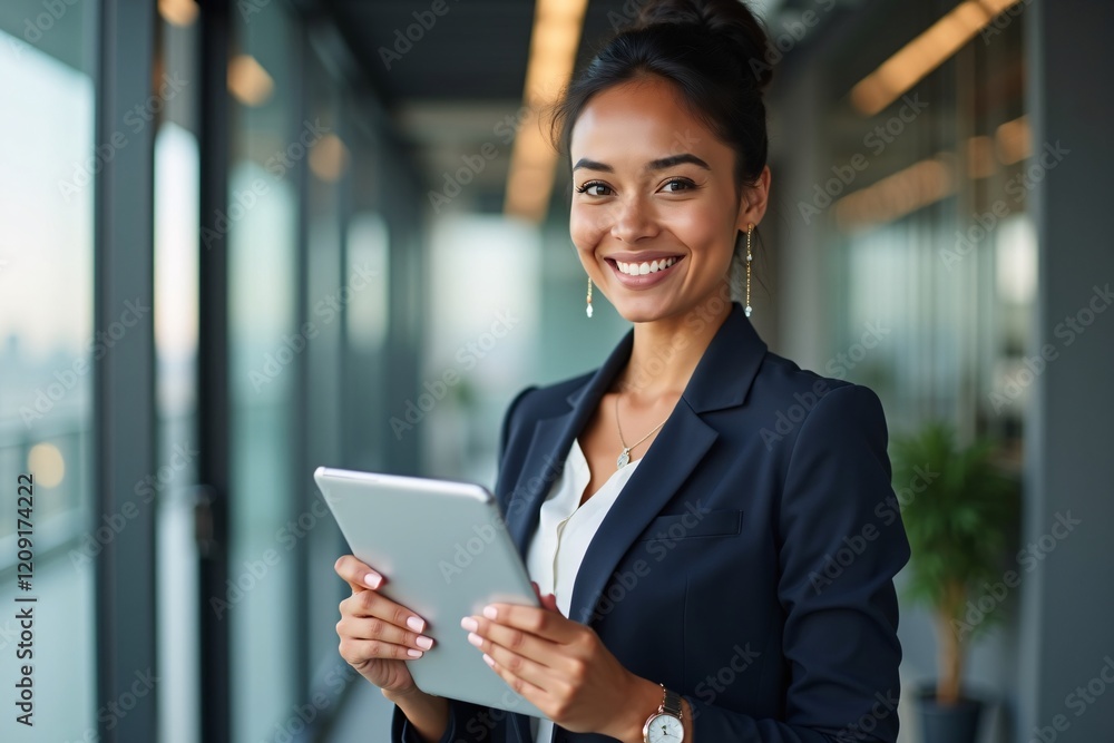 Portrait of a Smiling Hispanic Business Woman Holding a Digital Tablet in a Modern Office, Happy female company executive, smiling businesswoman entrepreneur corporate leader Hr manager. Portrait of a Smiling Hispanic Business Woman Holding a Digital Tablet in a Modern Office, Happy female company executive, smiling businesswoman entrepreneur corporate leader Hr manager.