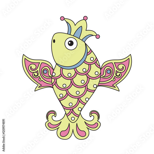Fairy tale fish with crown on head. Twisted ornament. Vector illustration