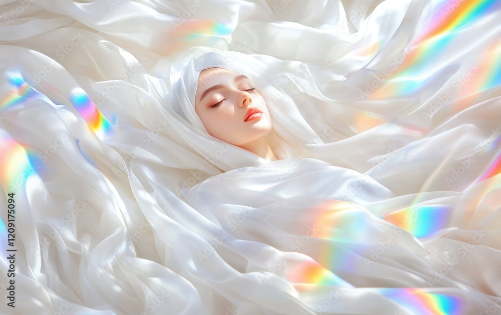 Ethereal portrait of a serene woman wrapped in soft white fabric with rainbow light flares, perfect for skincare, wellness, or dream-like concepts Ethereal portrait of a serene woman wrapped in soft white fabric with rainbow light flares, perfect for skincare, wellness, or dream-like concepts