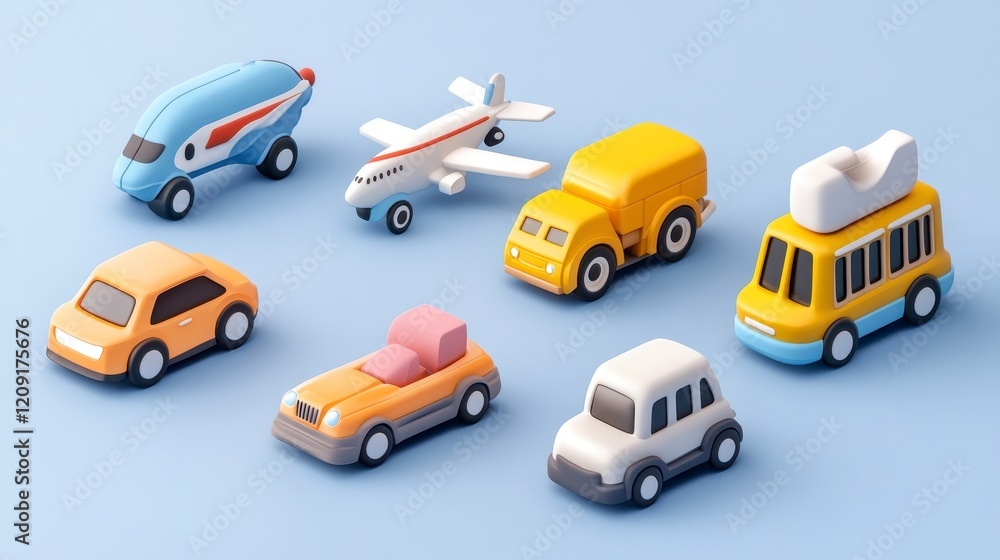 Naklejka premium Colorful Toy Vehicles on Light Blue Background for Creative Projects