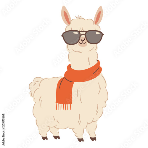 Cute llama with sunglasses on white background. Flat vector illustration in simple childish style . Vector illustration