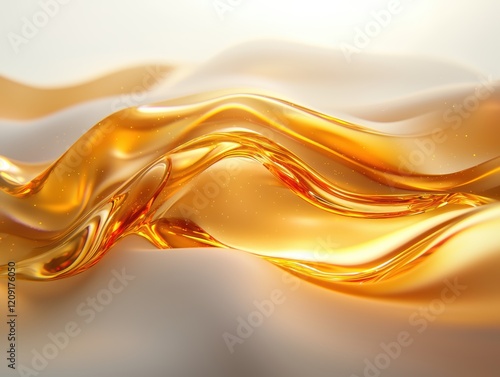 Glossy golden flow forming smooth and fluid shapes on a pristine white background, perfect for premium oil or beverage branding concepts photo