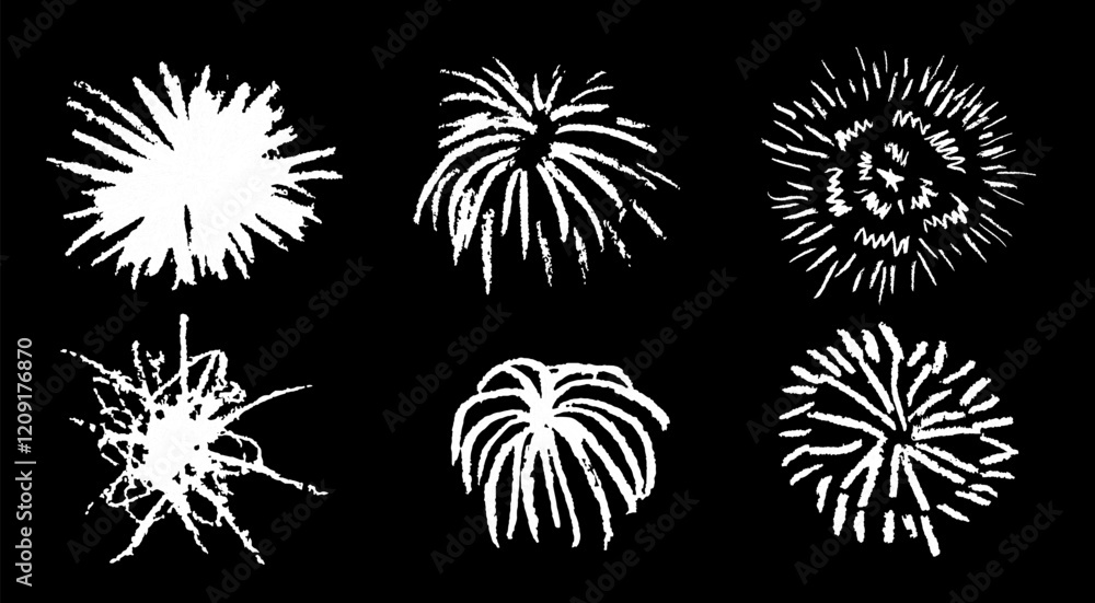 Fireworks cute pencil lines doodle elements for birthday, anniversary. Set of white color sketches in style of lightning, explosion, sun rays, firecrackers, sparkles, motion effects. Vector. Fireworks cute pencil lines doodle elements for birthday, anniversary. Set of white color sketches in style of lightning, explosion, sun rays, firecrackers, sparkles, motion effects. Vector.