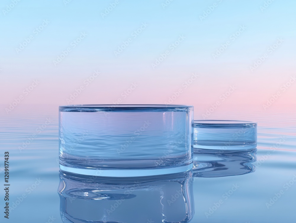 Minimalist Glass Cylinders on Reflective Water Surface Display Minimalist Glass Cylinders on Reflective Water Surface Display