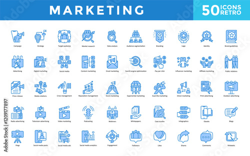 Marketing icon set with campaign, strategy, target audience, market research, data analysis, audience segmentation, branding, logo, identity, brand guidelines icon. Simple retro vector 
