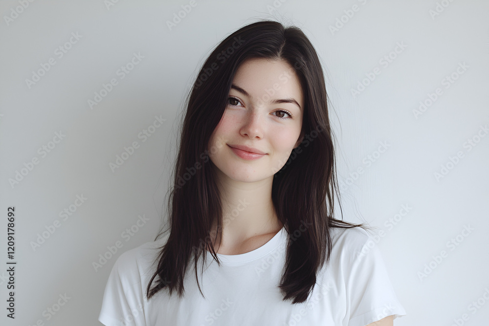 Smiling Woman Portrait: A young woman with long, dark hair smiles gently at the camera, radiating warmth and confidence in this close-up portrait. Smiling Woman Portrait: A young woman with long, dark hair smiles gently at the camera, radiating warmth and confidence in this close-up portrait.