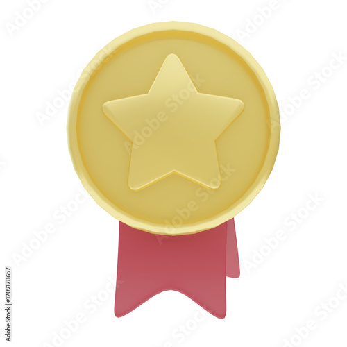 3d illustration of Gold star coins with red ribbon badge for icons and symbols.3d render.
