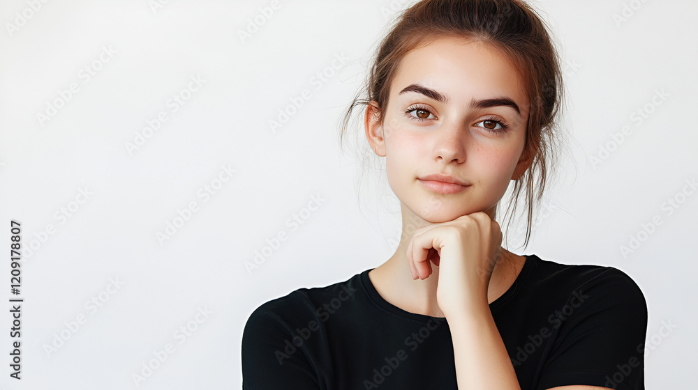 Thoughtful Young Woman: A young woman with a contemplative expression, her hand gently resting on her chin, gazes directly at the camera. Thoughtful Young Woman: A young woman with a contemplative expression, her hand gently resting on her chin, gazes directly at the camera.