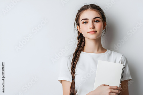 Confident Young Woman with Notebook: A portrait of a young woman with long brown hair in a braid, holding a blank notebook. photo