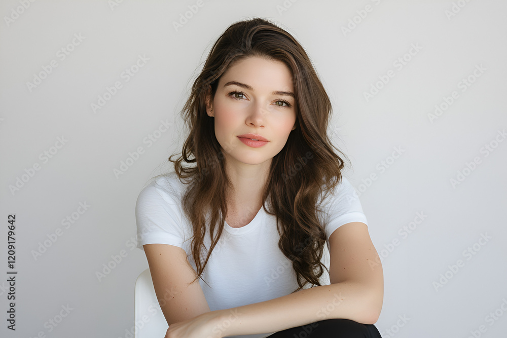 Serene Portrait: A young woman with long, wavy brown hair and a calm expression, wearing a simple white t-shirt, sits with her arms crossed, exuding confidence and tranquility. Serene Portrait: A young woman with long, wavy brown hair and a calm expression, wearing a simple white t-shirt, sits with her arms crossed, exuding confidence and tranquility.