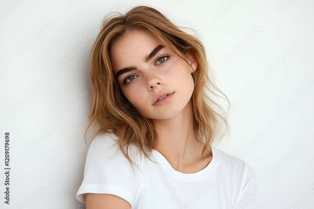 Serene Beauty: A young woman with light brown hair and captivating green eyes gazes gently into the camera, exuding natural charm and a sense of quiet confidence. Serene Beauty: A young woman with light brown hair and captivating green eyes gazes gently into the camera, exuding natural charm and a sense of quiet confidence.