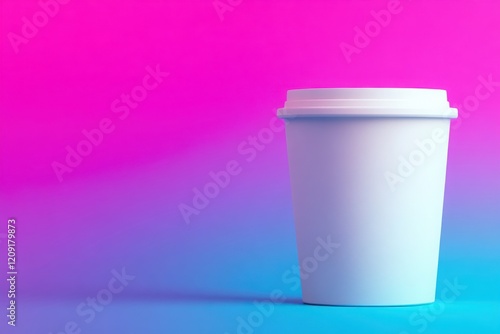 A stylish white coffee cup on a vibrant gradient background, perfect for beverage branding or promotion.