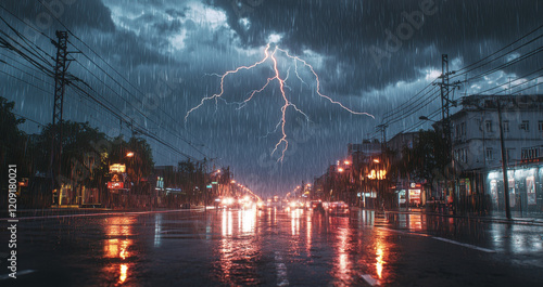 Wallpaper Mural An intense storm with heavy rain and lightning lights up a city street, showcasing the raw power of nature and its effects on urban life. Torontodigital.ca