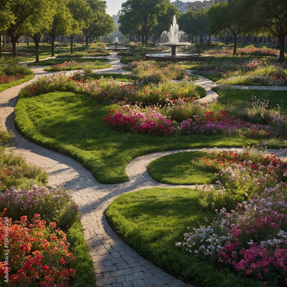 Obraz premium A sprawling urban park with winding paths, sparkling fountains, and blooming flowers.