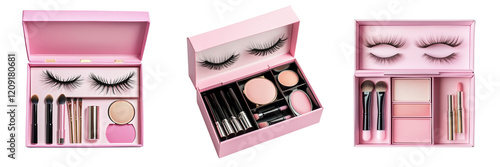 Set of Top view of a luxurious vanity case open on a wooden table with beauty essentials like makeup brushes, lipsticks, a compact mirror, and perfume bottles arranged on transparent png background