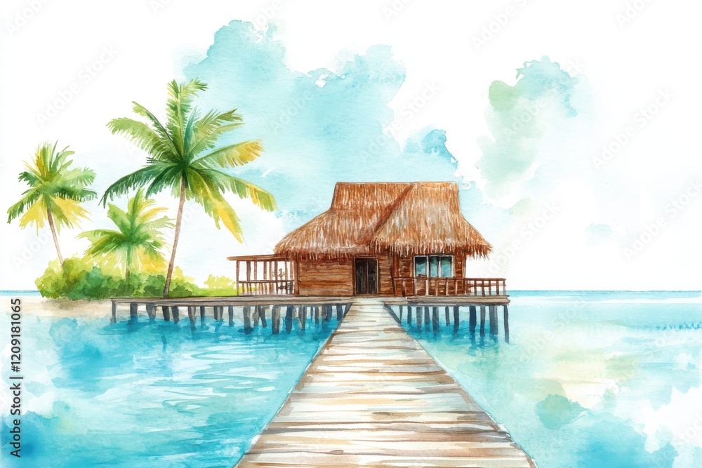 Fototapeta premium A serene tropical scene featuring a wooden hut on stilts surrounded by palm trees, inviting clear blue waters, and a peaceful atmosphere for relaxation.