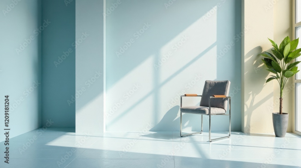 Fototapeta premium Serene Minimalist Room Interior Design Featuring a Modern Chair and Potted Plant in Soft Light