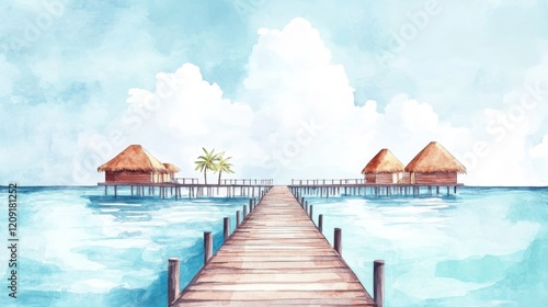 A serene watercolor depiction of a wooden pier extending into calm turquoise waters  leading to tropical huts under softly clouded skies.
