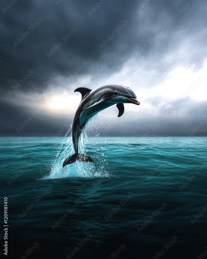 Obraz premium A stunning dolphin leaps gracefully from the turquoise ocean, set against a dramatic sky filled with dark clouds, illustrating the beauty and agility of marine life.
