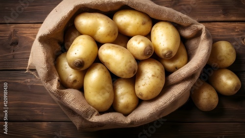 Raw potato food . Fresh potatoes in an old sack on wooden background photo