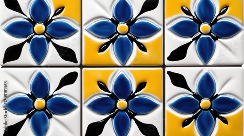 A collection of six square tiles, each featuring a blue and yellow flower design with black accents. photo