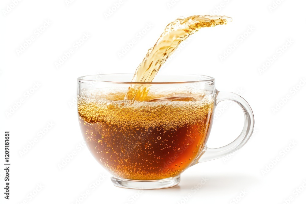 A splash effect as hot coffee is poured into a clear glass mug, isolated on a white background. A splash effect as hot coffee is poured into a clear glass mug, isolated on a white background.