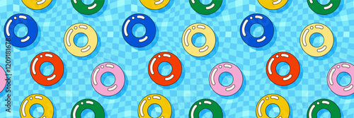 Swimming pool upper view background. Colorful pool floats, water surface and mosaic tile seamless pattern. Inflatable rubber rings floating in clear water.  Summer beach holiday party banner bg