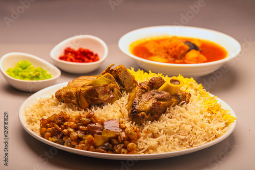 Arabian Freeh Lamb machboos or Lamb Mandhi. Main Arabian meal mutton machboos or lamb kapsa. ..