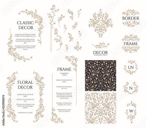 Set of frames, monograms, seamless pattern and borders. Decorative elements of flowering twigs.