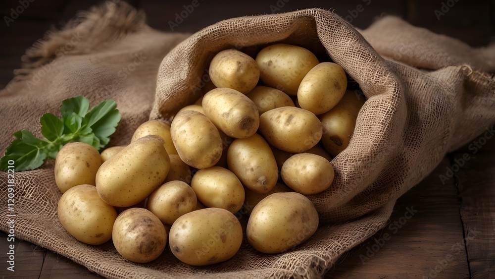 Raw potato food . Fresh potatoes in an old sack on wooden background Raw potato food . Fresh potatoes in an old sack on wooden background