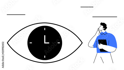 Stylized eye with clock inside represents time while a thinking person holds documents. Ideal for time management, focus, decision making, productivity, planning, mindfulness, abstract line flat