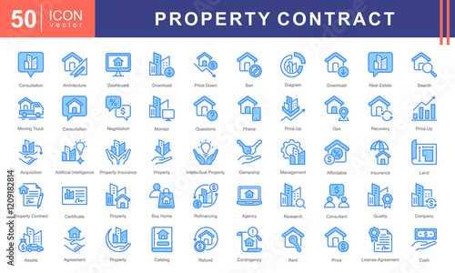 Property Contract icon collection set. Containing buildings, housing, residential, consultation, negotiation, management, rent, license agreement, property insurance, partnership, Acquisition icon.