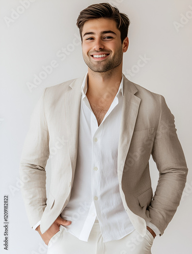 Confidently Chic: A charismatic young man exudes sophistication and charm in a linen blazer and white shirt, showcasing a relaxed yet polished style for modern gentlemen.  