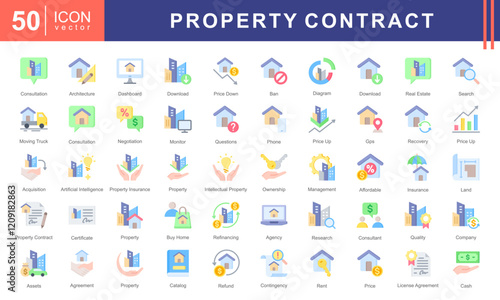 Property Contract icon collection set. Containing buildings, housing, residential, consultation, negotiation, management, rent, license agreement, property insurance, partnership, Acquisition icon.