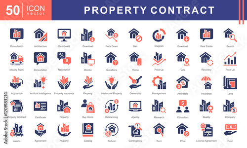 Property Contract icon collection set. Containing buildings, housing, residential, consultation, negotiation, management, rent, license agreement, property insurance, partnership, Acquisition icon.